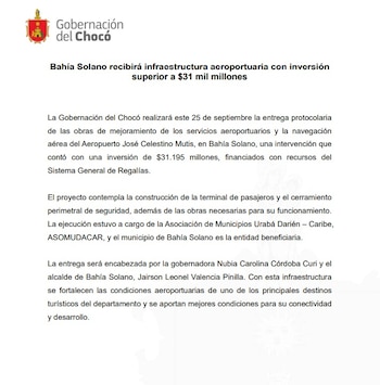 La inversión en el departamento permitirá nuevas fuentes de ingresos turísticos en la costa pacífica colombiana - crédito Gobernación del Chocó