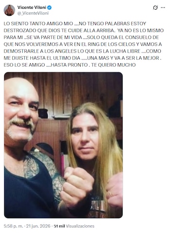 Vicente Viloni confirmó la muerte del ex luchador de 100% Lucha y lo despidió en redes con un mensaje que se viralizó entre fanáticos y colegas