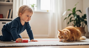 Niño rubio gateando en el suelo con un puntero láser rojo, observando a un gato atigrado pelirrojo agachado frente a él en una alfombra clara.