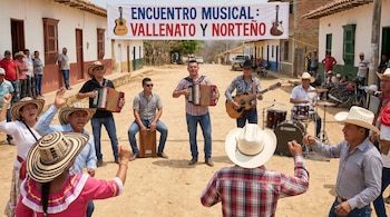 Un grupo de músicos interpreta Vallenato y Norteño con acordeones, guitarra, cajón y batería en una calle de tierra. Personas observan y bailan bajo un cartel.