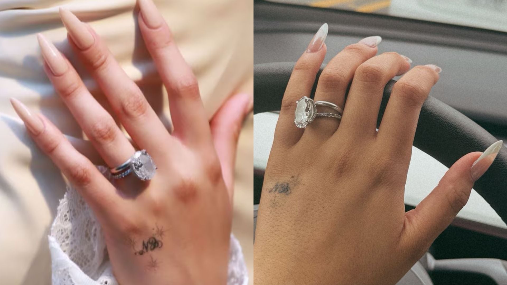Ángela Aguilar sumó a su colección un anillo de oro rosa con diamantes, presunto regalo de aniversario de Nodal, a la pieza de diamante blanco valuada en 55 millones de pesos que portó desde su boda simbólica en Roma hace dos años. (@angela_aguilar_)