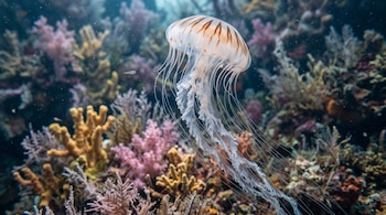 Una medusa translúcida con franjas marrones y tentáculos largos flota ante un arrecife de coral de varios colores.