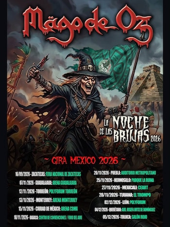 Cartel con una bruja armada con una daga y bandera, una pirámide al fondo y una lista de fechas de conciertos en México