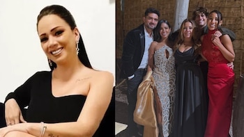 Collage. Izquierda: Melissa Klug sonríe en blusa negra. Derecha: Samahara Lobatón, Renato Rossini Jr. y tres personas más posan sonrientes en un evento