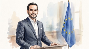 Ilustración acuarela de Abelardo De La Espriella con traje oscuro, camisa blanca, barba, frente a un podio de madera y la bandera de la Unión Europea.