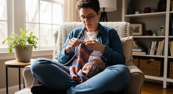 Una persona con gafas sentada en un sillón, tejiendo a crochet con hilo multicolor. Hay una planta junto a la ventana y una estantería al fondo.