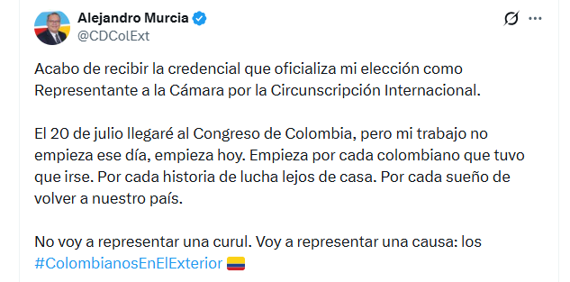 Pedro Alejandro Murcia respondió que nunca formalizó su renuncia ante las autoridades electorales y que el partido resolvió el conflicto interno - crédito @CDColExt/X
