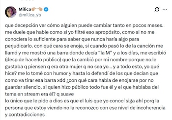 Milica le respondió a Westcol con un contundente mensaje en redes sociales - crédito @milica_yb/ X