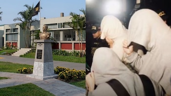 Imagen dividida con el busto de un monumento frente a un colegio a la izquierda y personas con capuchas junto a policías a la derecha