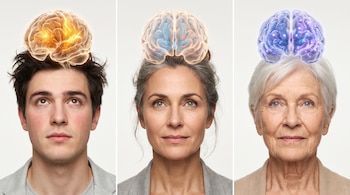 Composición tripartita de un hombre joven, una mujer adulta y una mujer mayor, cada uno con un cerebro translúcido y luminoso sobre su cabeza.