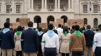 Grupo de personas de espaldas frente al Congreso Nacional de República Dominicana con pañuelos celestes y verdes, y carteles con símbolos y texto ilegible.