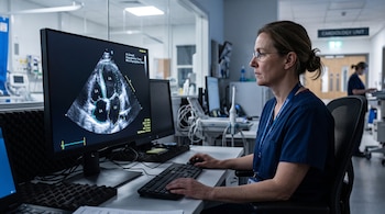 Una médica con gafas y uniforme azul observa un monitor que muestra una ecografía cardíaca con trazados digitales en un hospital.