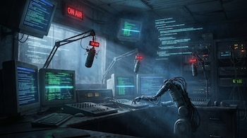 Interior oscuro de un estudio de radio con pantallas que muestran código verde, micrófonos con letreros "ON AIR" rojos, una mesa de mezclas y un brazo robótico.