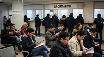 Una sala de espera en una oficina pública llena de personas. Algunas están sentadas en sillas, otras de pie haciendo fila frente a mostradores de información.