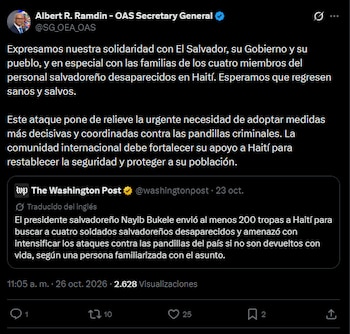 Albert Ramdin sostuvo que la comunidad internacional debe aumentar el respaldo al país caribeño para recuperar el control y resguardar a los habitantes, sin detallar las acciones ni informar gestiones de localización.