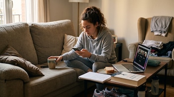 Una mujer sentada junto a un sofá sostiene un teléfono móvil cerca de una mesa con una computadora portátil, un libro, un cuaderno y un plato.