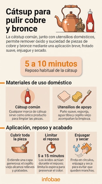 Infografía con una tetera de cobre, un envase de cátsup, un paño, una esponja, un cepillo de dientes y secciones explicativas con texto.