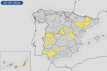 Mapa de alertas meteorológicas para este martes, 15 de septiembre de 2026. (Aemet)
