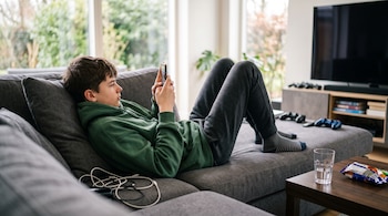Un joven con sudadera verde y pantalones oscuros recostado en un sofá gris mira su teléfono inteligente.