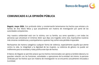 Habló amiga de Ana María Meza, la mujer que habría sido asesinada por gerente del Banco de Bogotá: “Una relación violenta” - crédito Banco de Bogotá
