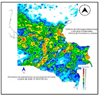 Así estará el clima en Colombia durante la semana del 6 al 9 de octubre del 2026. La escala de colores indica la cantidad de
precipitación, que es la posibilidad de lluvias, acumulada, y es medida en en milímetros - crédito IDEAM