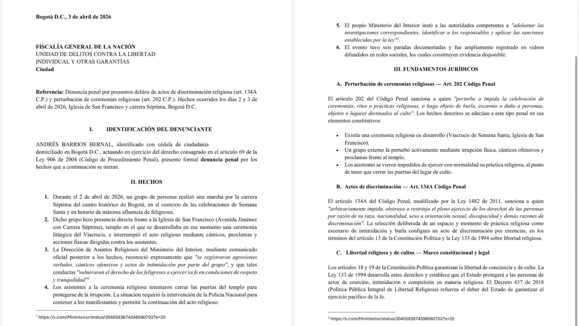 Concejal Andrés Barrios impulsa acciones contra el sesgo anticreyente tras incidente en ceremonia católica en la capital - crédito @ABarriosBernal/X