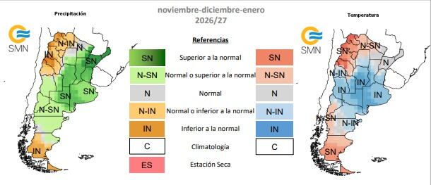 Los mapas del SMN proyectan las tendencias de precipitación y temperatura en Argentina para el trimestre de noviembre a enero del período 2026-2027