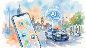 Ilustración acuarela de un smartphone con mapa y símbolos de IA, una patrulla de policía, edificios urbanos y una nube cerebral con 'AI' interconectados.