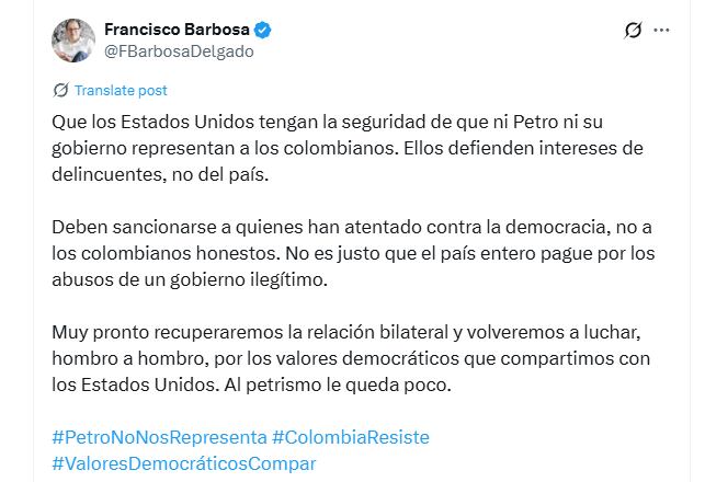 Barbosa respaldó a Estados Unidos en medio de la crisis diplomática - crédito @FBarbosaDelgado/X