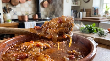Una cuchara de madera sostiene una pieza de pollo cubierta con salsa de tomate sobre una cacerola de barro en una cocina.