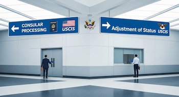 Interior de un edificio moderno e institucional. Dos personas de espaldas caminan hacia carteles azules de USCIS que indican "Consular Processing" y "Adjustment of Status" respectivamente.