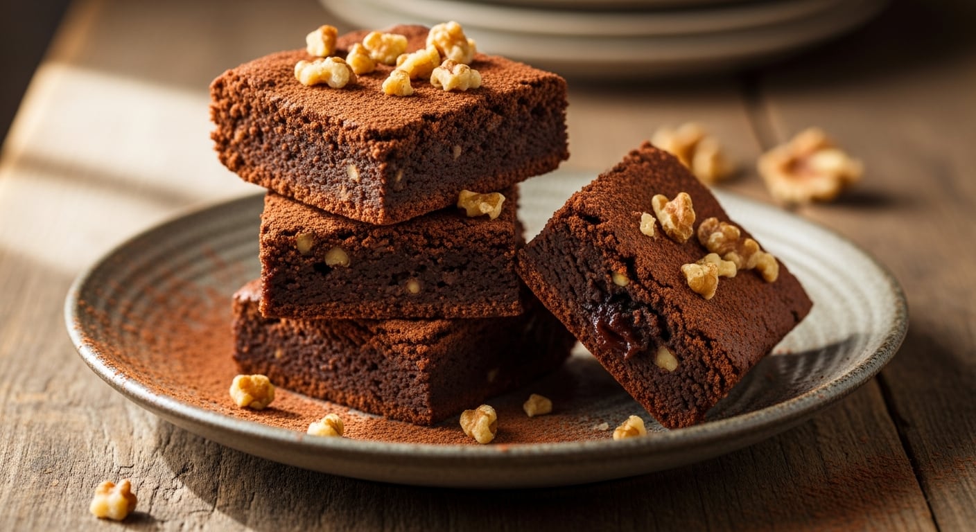 Unos exquisitos brownies de cacao y garbanzo se presentan apilados en un plato rústico, finamente decorados con polvo de cacao y trozos de nuez, bajo la cálida luz natural. (Imagen Ilustrativa Infobae)