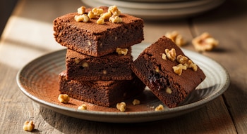 Cuatro brownies cuadrados de chocolate con nueces y espolvoreados con cacao en polvo, apilados en un plato rústico gris sobre una mesa de madera.