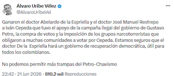 Álvaro Uribe Vélez celebró triunfo de Abelardo de la Espriella - crédito @AlvaroUribeVel/X