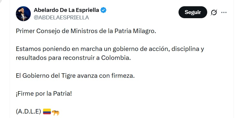 El presidente electo Abelardo de la Espriella llevó a cabo su primer encuentro con los ministros designados - crédito @ABDELAESPRIELLA/X
