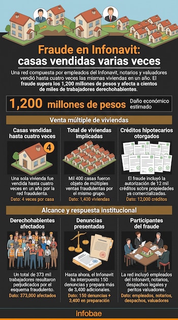 Infografía sobre un fraude inmobiliario con ilustraciones de casas, documentos, un grupo de personas y cifras económicas.
