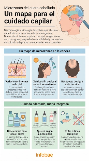 Infografía sobre microzonas del cuero cabelludo. Muestra una cabeza segmentada, folículos, factores externos, patrón de calvicie y productos para cuidado capilar. Infobae.