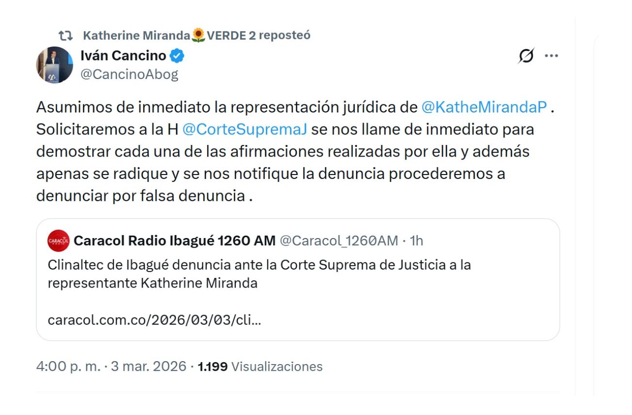 El abogado Iván Cancino defenderá a la representante Katherine Miranda ante la Corte Suprema, luego de la denuncia interpuesta por Clinaltec - crédito @CancinoAbog/X
