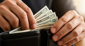Dos manos de hombre introducen varios billetes de cincuenta dólares estadounidenses en una cartera de cuero negra.