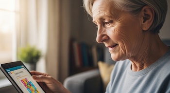 Primer plano de una mujer mayor de pelo blanco sonriendo, mirando y tocando una tablet que muestra una aplicación de entrenamiento cognitivo en un interior.
