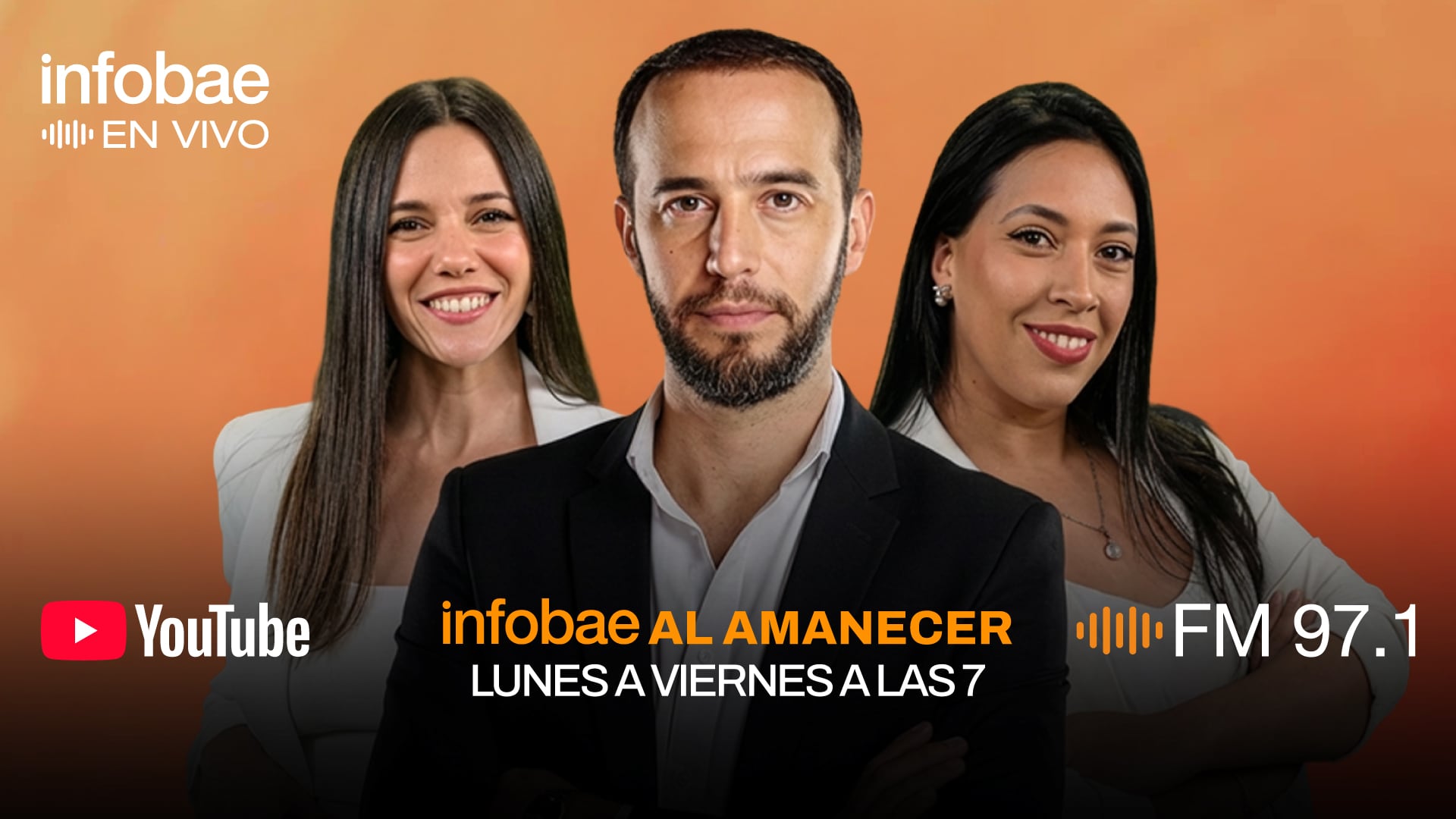 Nacho Girón, Luciana Rubinska y Belén Escobar, el trío de conductores del programa matutino 'Infobae al Amanecer' que se transmite por YouTube y FM 97.1 de lunes a viernes a las 7 AM