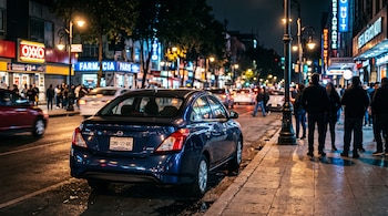 Un sedán azul oscuro estacionado junto a la acera de una calle iluminada con comercios y peatones de noche en Ciudad de México.