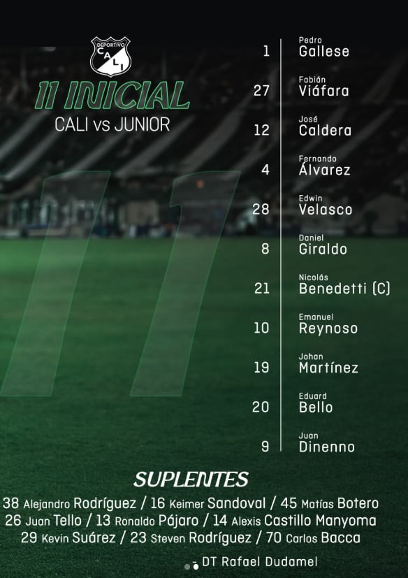 Once inicial del Deportivo Cali para recibir al Junior de Barranquilla en condición de local - crédito Deportivo Cali