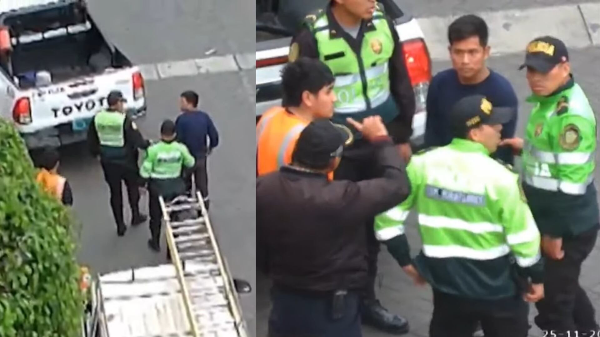 La Policía y el Serenazgo de Miraflores detuvieron a cuatro integrantes de la banda ‘Los mascafierros del Norte’ en la intersección de Schell con Los Pinos, cuando retiraban cables de cobre. Foto: Composición Infobae Perú