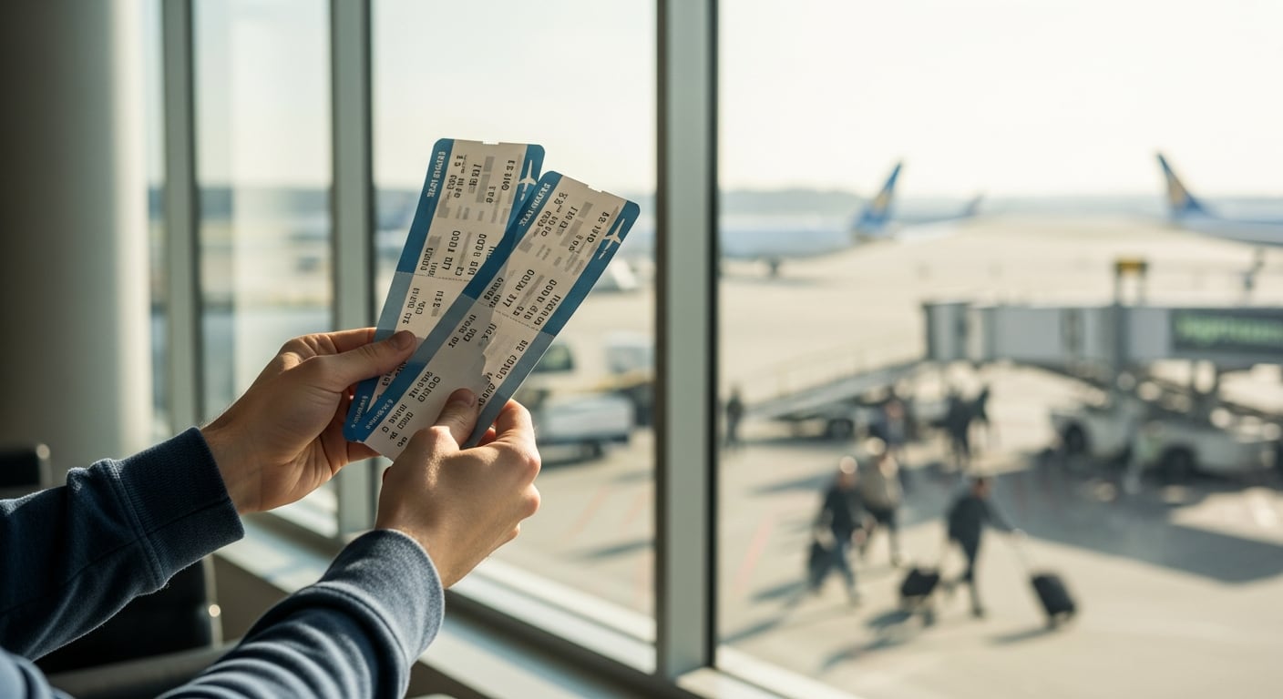 Una persona sostiene dos boletos de avión mientras observa la pista de un aeropuerto, anticipando su próximo viaje. (Imagen Ilustrativa Infobae)