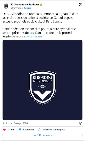 La publicación del Girondins de Burdeos en redes sociales (X)