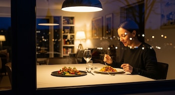 Mujer cenando en casa de noche, vista a través de una ventana. Come pasta humeante; otro plato con vieiras y vegetales está en la mesa.