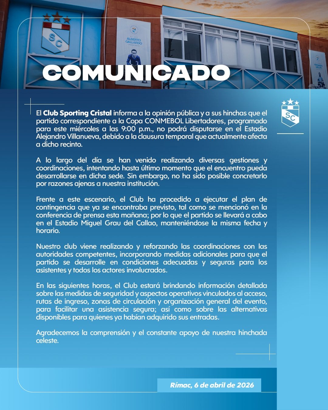 Sporting Cristal comunicó su nueva localía para el partido ante Cerro Porteño por Copa Libertadores 2026.
