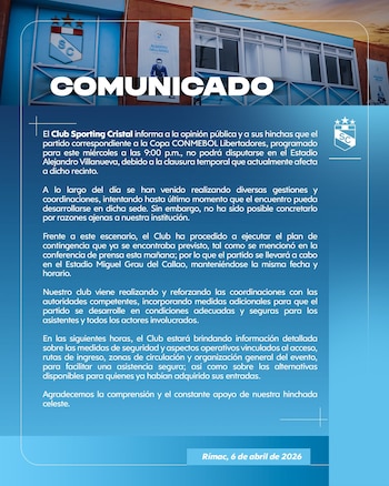 Sporting Cristal comunicó su nueva localía para el partido ante Cerro Porteño por Copa Libertadores 2026.