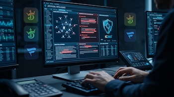Manos de un analista teclean frente a monitores con gráficos de redes de datos, alertas en rojo, el icono de IC360 y logotipos de aplicaciones.